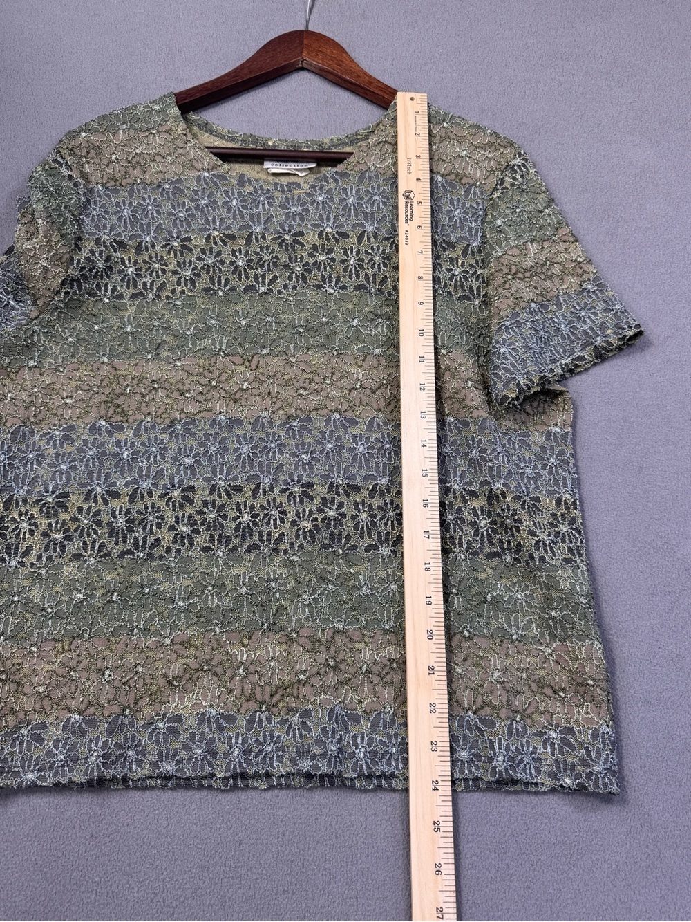 Vintage Y2K Kathie Lee Earth Tone Multicolor Lace Mesh Short Sleeve Top, XL - Picture 8 of 11